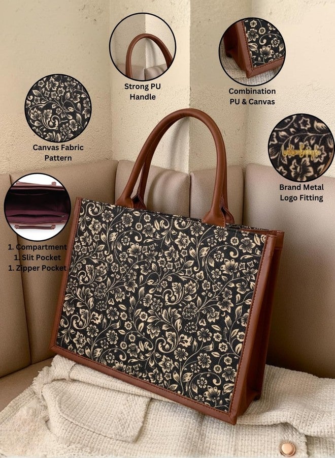 لايك ستايل حقيبة كتف نسائية من الجوت/القماش بتصميم عرقي من LIKE STYLE | حقيبة يد أنيقة من الجلد الصناعي بمقبض وسحاب إغلاق | حقيبة واسعة مناسبة للاستخدام اليومي، والعمل، والسفر (أسود) - Image 5